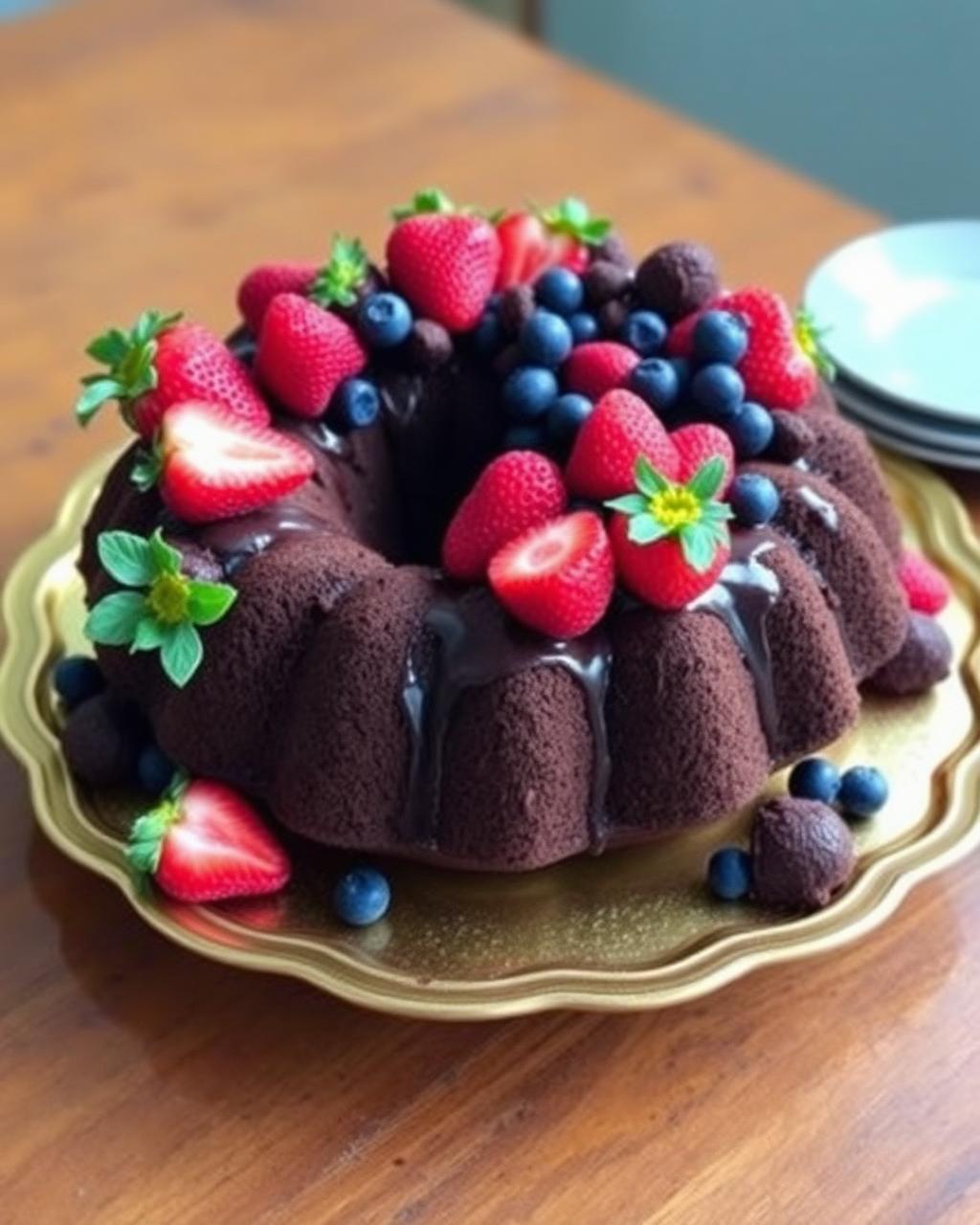 Bolo bundt de chocolate com frutos vermelhos