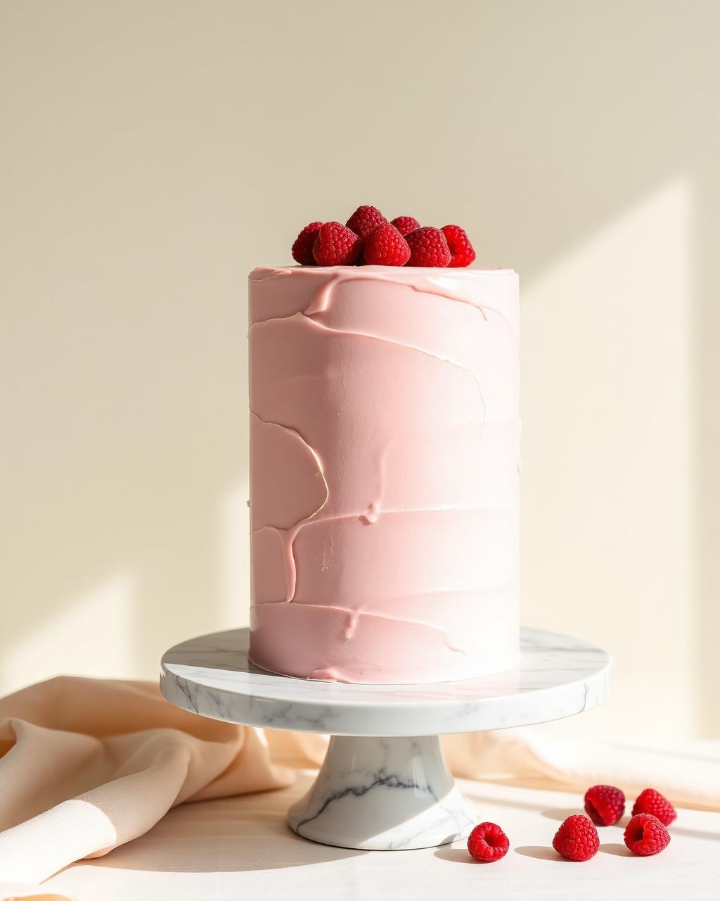 Bolo alto em rosa pastel com framboesas